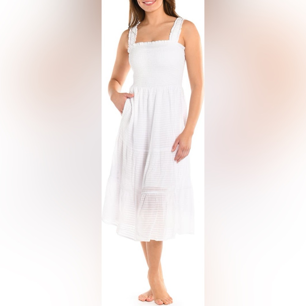 La Blanca Shadow Smocked Bodice White Cover-Up Sundress, size XL